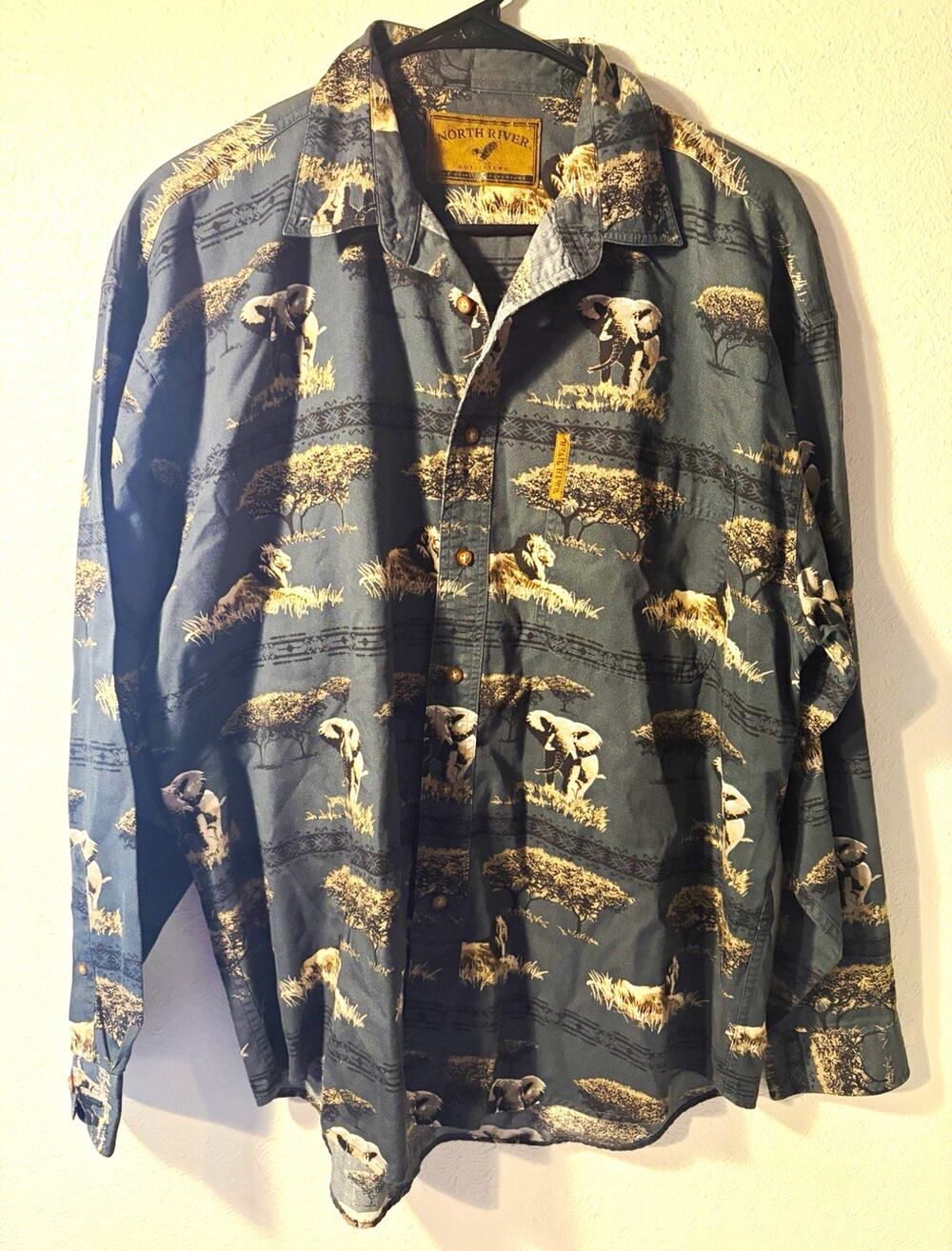 North River Men's XL Blue/Beige Safari Animal Print Cotton Long Sleeve Button-Up